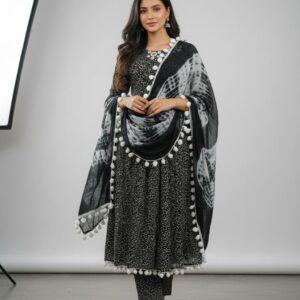 Black Georgette Mirror Work Kurti Set with Designer Pom-Pom Dupatta