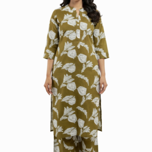 Olive Green Floral Printed Kurta Palazzo Set – Elegant Casual Wear for Women