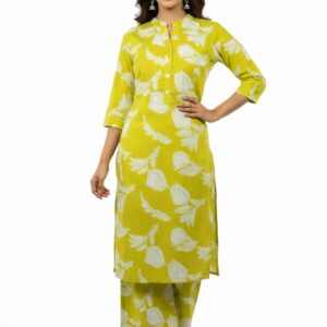 Women’s Lime Yellow Rayon Kurta Palazzo Set with Floral Print – Lightweight, Breathable & Stylish Daily Wear